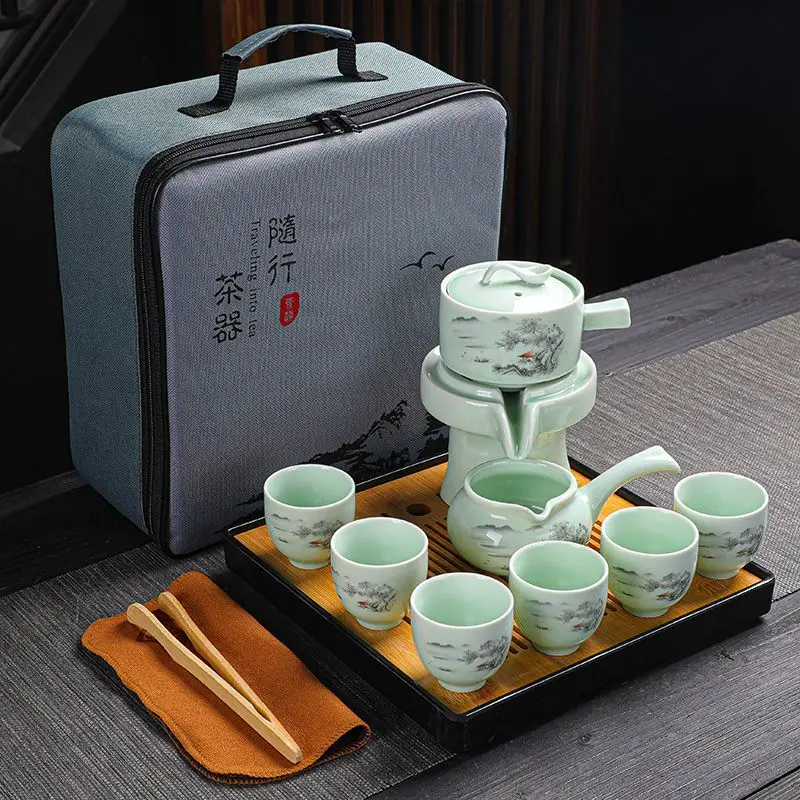 

Celadon Lazy Man Tea Set with Rotating Automatic Water Outlet for Making Complete of Travel