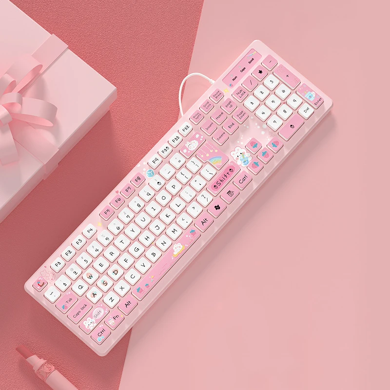 Teclado com Fio Kawaii para Meninas Chá com Leite Coelho Rosa Chocolate sem Fios Coloração Criativa - Imagem 5