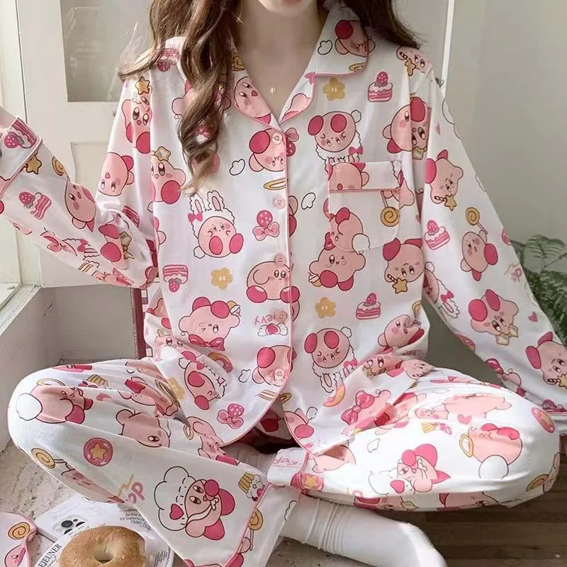 

Women's Pajamas Set Kirby Kawaii Cartoon Print Pajamas New Autumn and Winter Models Long-Sleeved Trousers Home Clothes Sleepwear