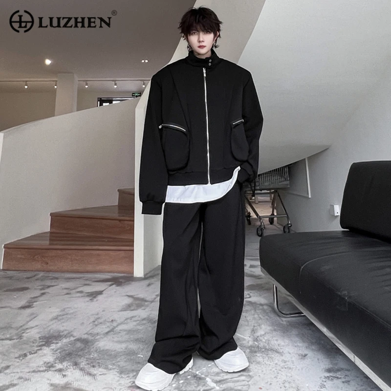 

LUZHEN Men Cardigan Sweater Casual Two Piece Korean Style Tide Sports Set 2023 Autumn New Stand Neck Hoodies Baggy Pants A1b960