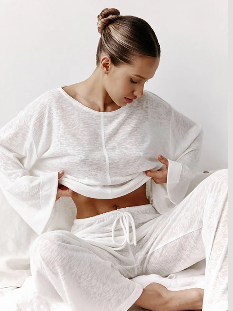 Women cotton Sleepwear Sexy White Fashionable Long Sleeved Pants Pajamas Two-piece summer Women's thin Home Clothing Pijama