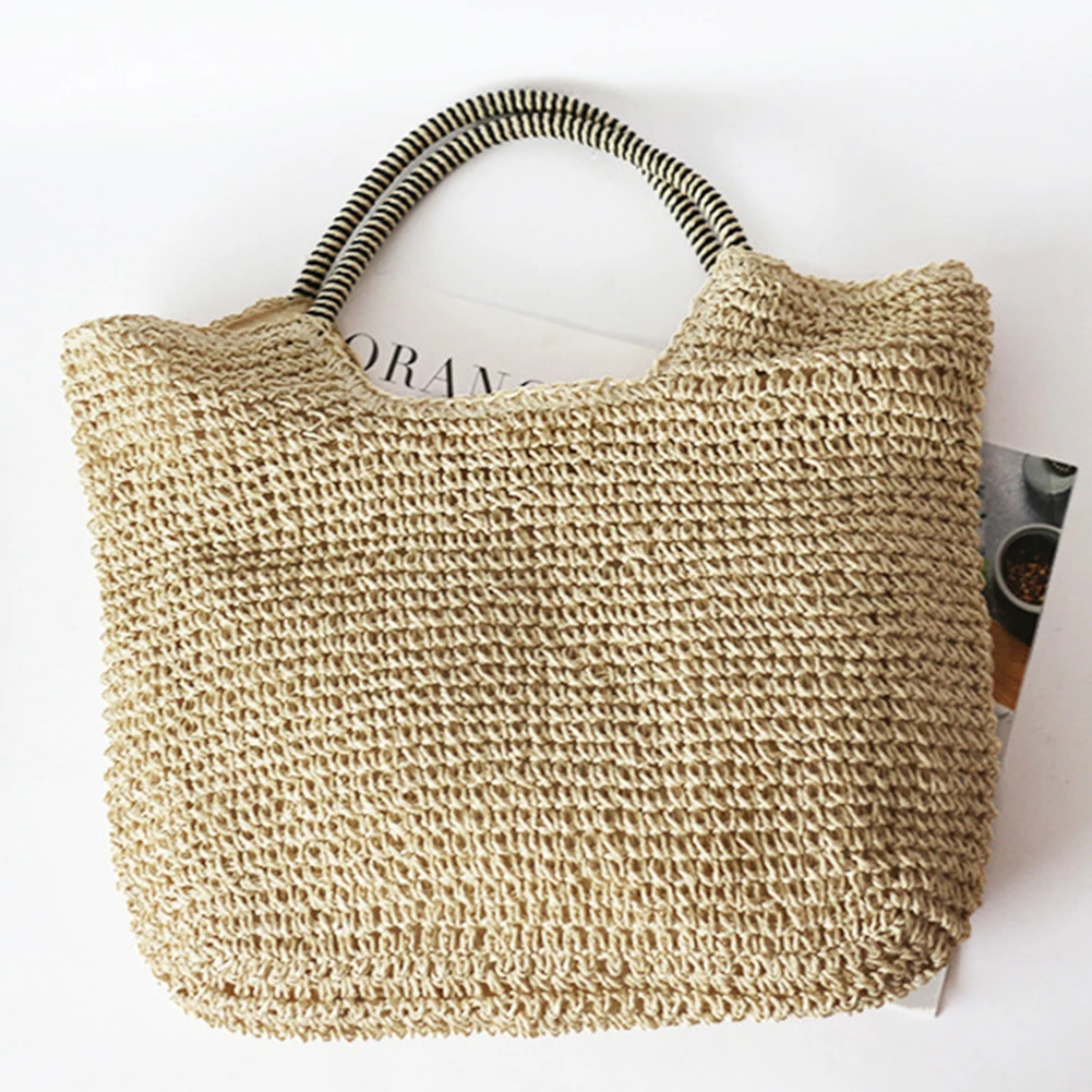 Women Straw Beach Bags Summer Crochet Tote Bag Hand Make Crossing