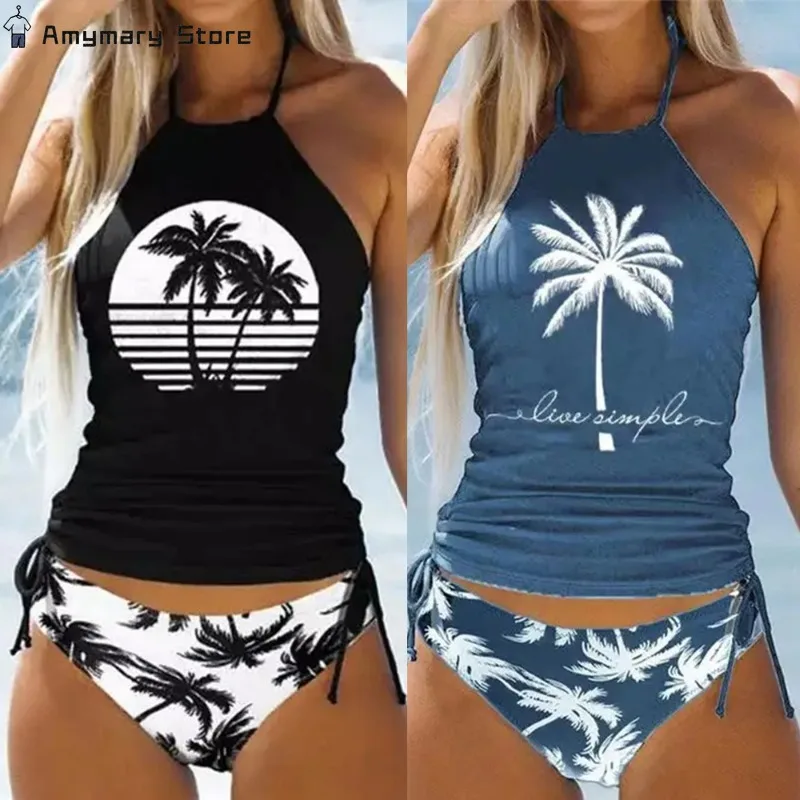 Women's Bathing Suit Coconut Drawstring Side Halter Neck Tankini Set Summer Beach Wear Cute Swimwear Women Swimsuit Sexy Bikini