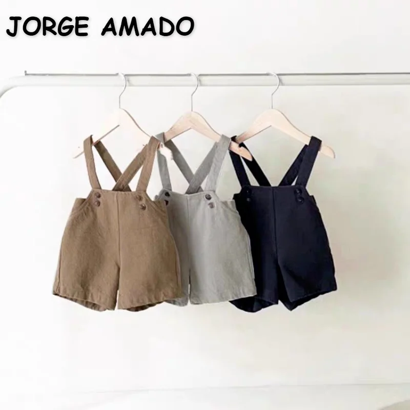 New Summer Baby Boy Girl Pants Brown Grey Dark Blue Adjustable Strap Button Shorts Baby Simple Fashion Clothes E7284