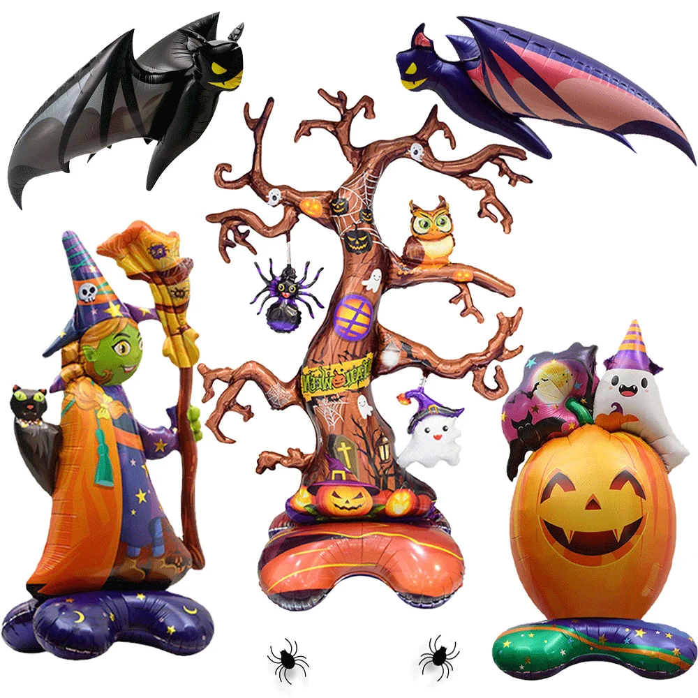 Halloween Kürbis Toter Baum Hexe Luftballons Stehend mit Basis Halloween Dekorationen Fledermäuse Folienballon Halloween Partyzubehör