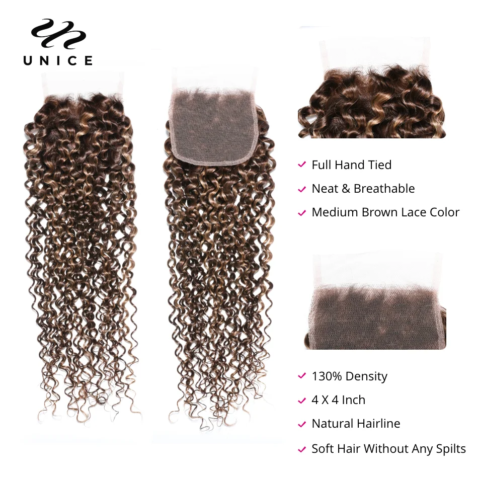 UNice Hair Highlight Blonde Curly Hair 2/3/4 Bundles With Closure Human Lace Closure With Bundles Sew In Quick Weaves