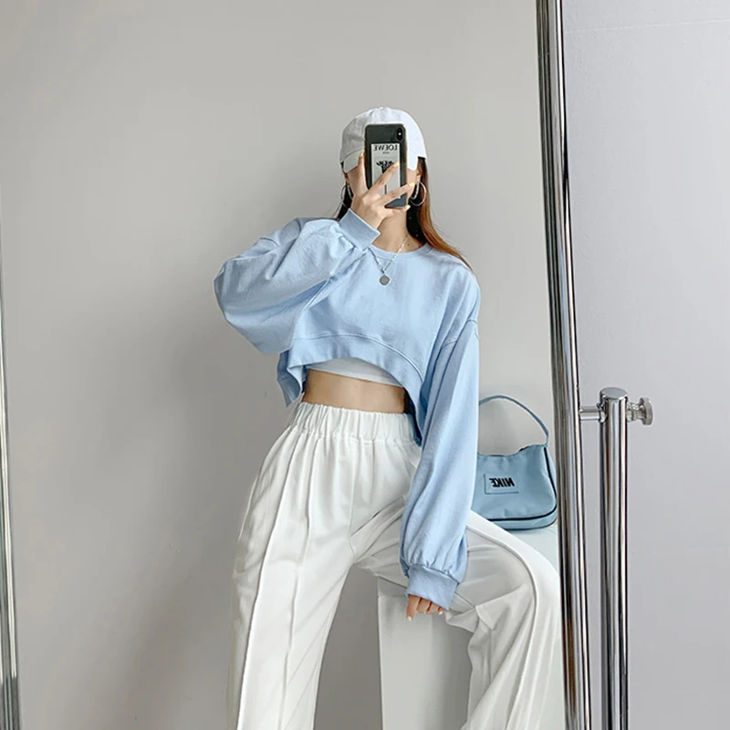 Korean Fashion Short Sweatshirts Women Sexy Solid Color Loose Crop Tops Woman Casual Streetwear Plus Size Pullovers Female 5