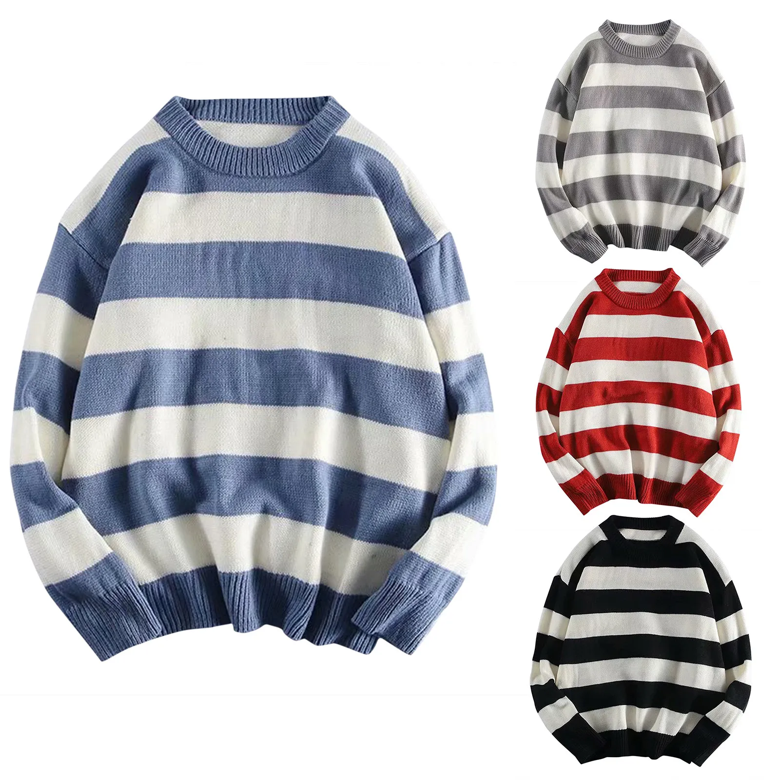 Striped Men'S Sweaters Black White Rip Long Sleeve Knitted Pullover Loose Warm Round Neck Sweatshirt Soft Blouse Korean Streewea