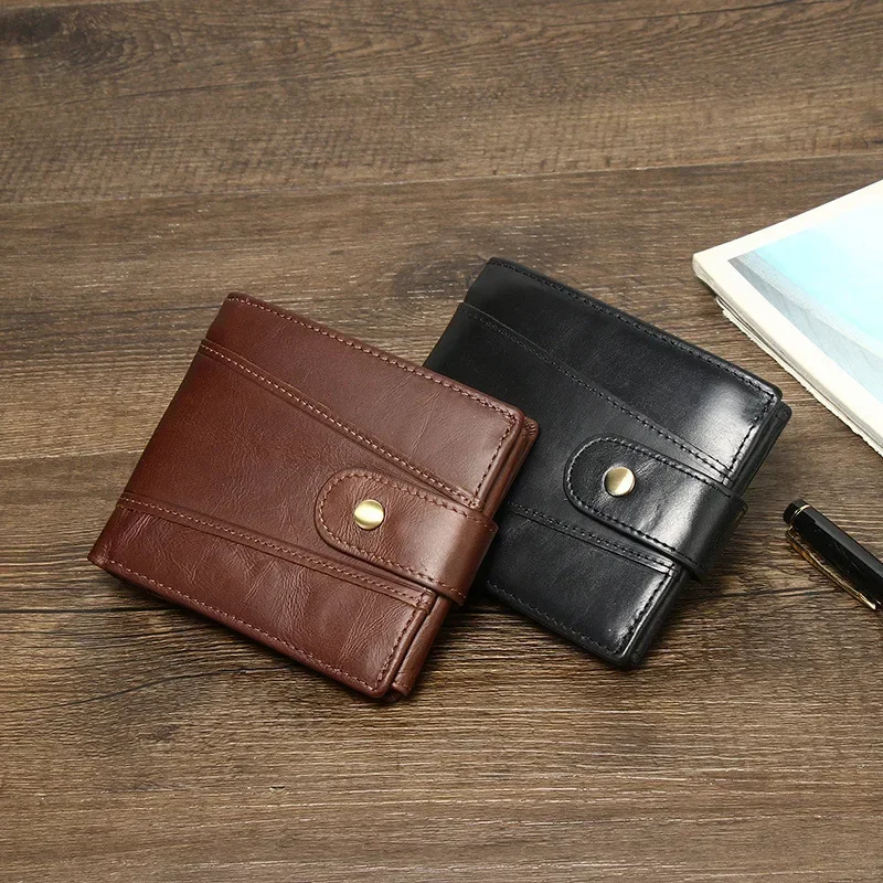 Genuine Leather Short Men's Wallet with Large Capacity Vintage RFID Multi-Card Slots Coin Purse