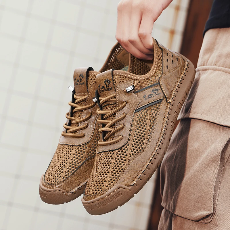 

Сандалии мужские ручной работы, мягкая подошва, сетчатые сращивания, с противоударным носком, удобные дышащие, повседневные пляжные босоножки