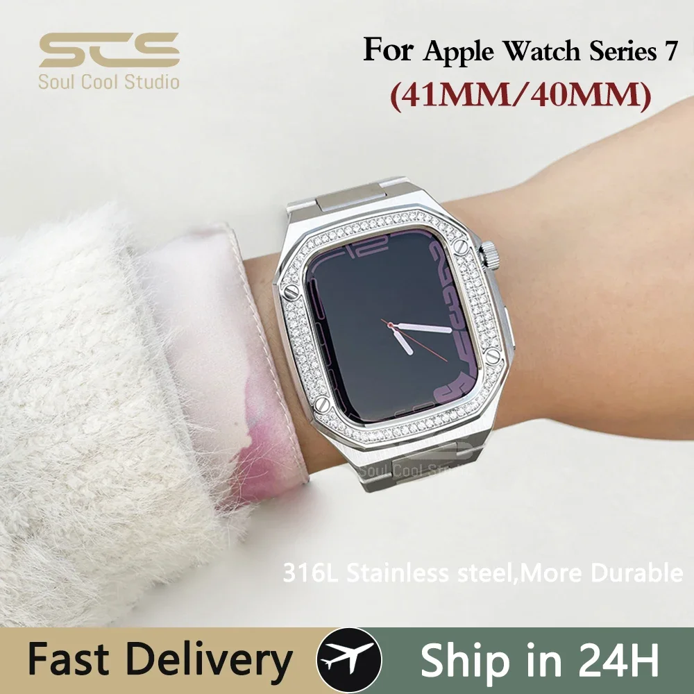 

New 316L Stainless Steel Retrofit Kit for Apple Watch Series 9/8 41MM 40MM Compatible Metal Strap Fashionable Women iWatch7 Case