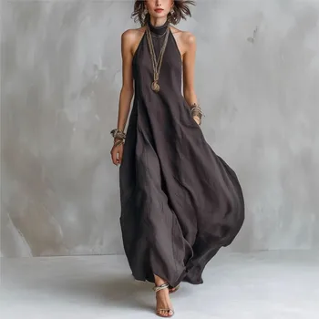 Solid Color Halterneck Dress Summer New Women's Sexy Sleeveless Off-shoulder Loose Long Dress With Pockets Платье Женское 1