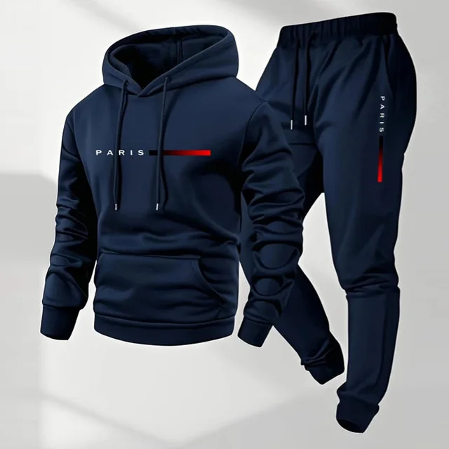 Ensemble de survêtement pour homme automne-hiver, sweat-shirt à capuche + pantalon de jogging à cordon de serrage, tenue de sport décontractée en deux pièces 1