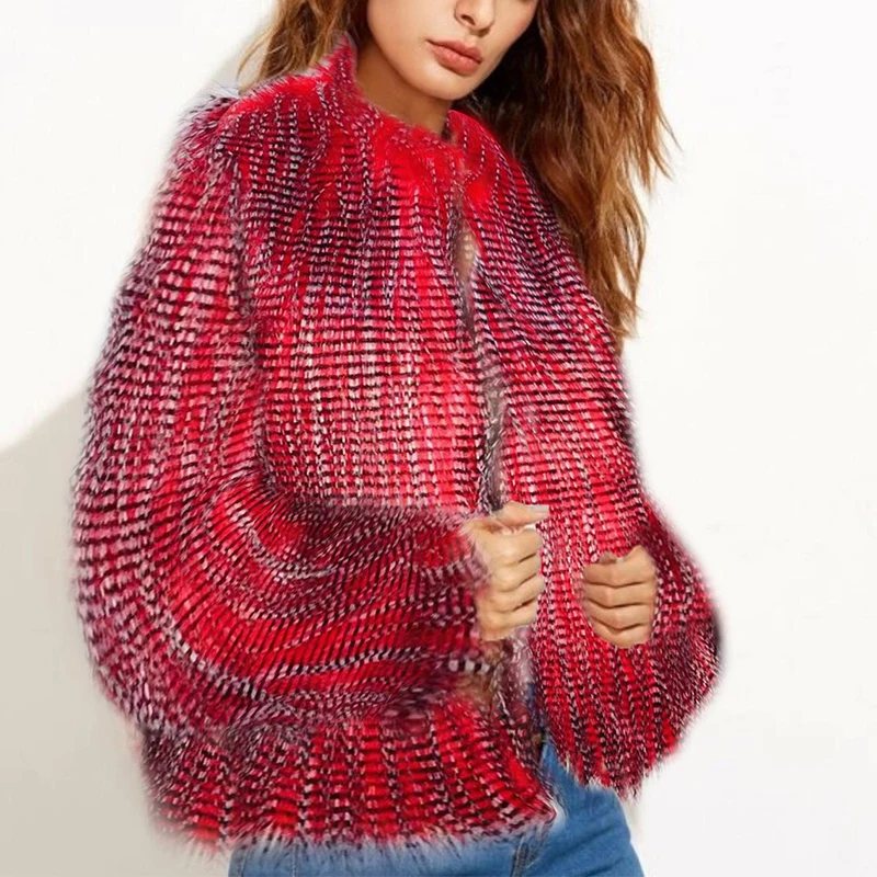 Fashion Slim Fur Jacket Women Faux Fur Peacock Coat Female Long Sleeve O-Neck 2023 Autumn Winter Furry Faux Fur Short Overcoat