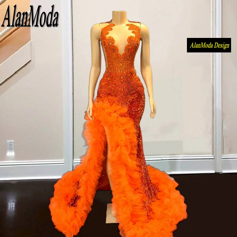 

Sparkly Orange Prom Dresses Black Girls 2024 Ruffle Luxury Crystal Beaded High Slit Party Gowns Mermaid vestido luxo verde