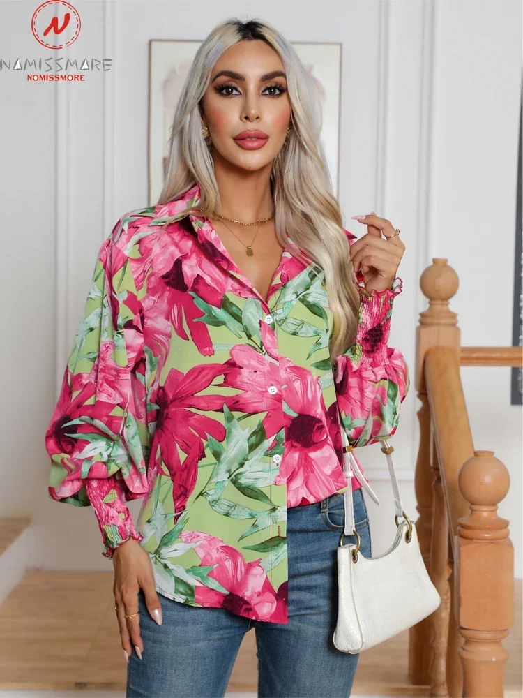 

Fashion Women Print Shirts Single-Breasted Design Button Decor Turn-down Collar Long Lantern Sleeve Autumn Loose Cardigan Top