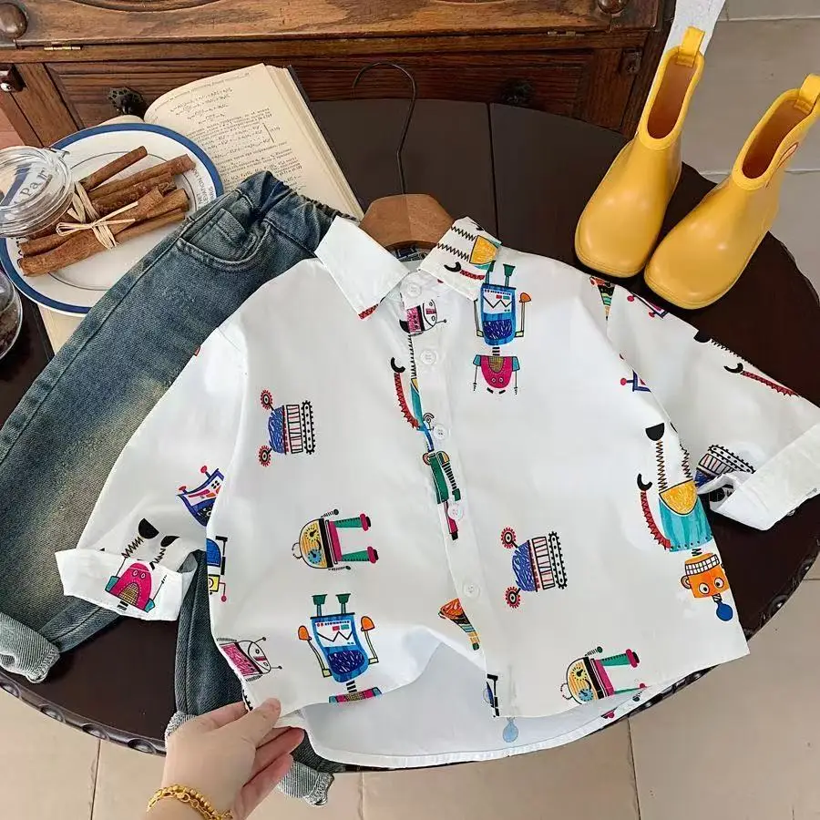Boys' Cartoon Shirt Spring and Autumn New Children's Leisure Robot Full Print Cardigan Boys' Baby Handsome Fashion Top Trendy