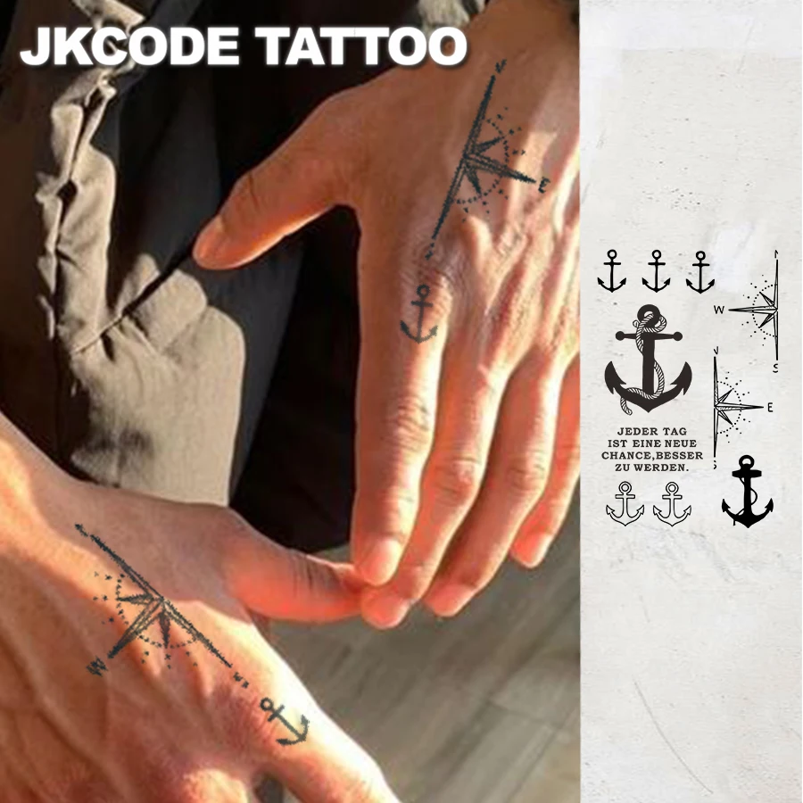 Tatuaggio temporaneo a tema nautico in stile cool - tatuaggio a schizzo con motivo di uncino e bussola - design casual per uomini e donne, adatto per mani, collo e testa - resistente e impermeabile per 15 giorni. - immagine 3