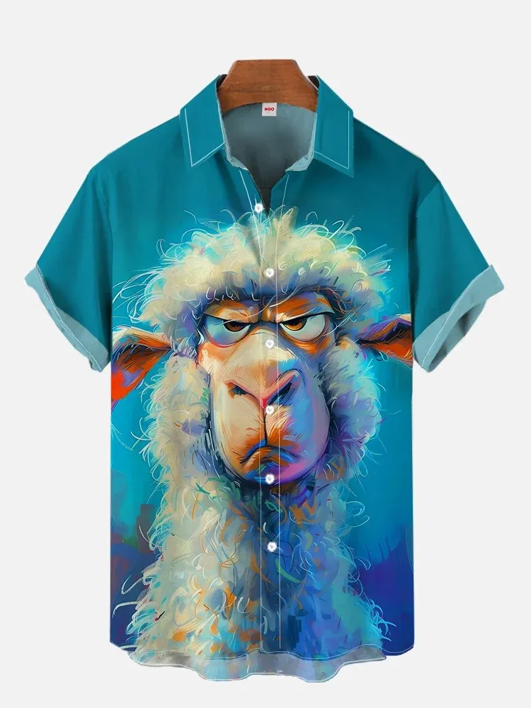 2024 Summer New Funny Animal Bald Pig Print Short Sleeve Shirt Retro Donkey Lamb Fashion Street Men's Lapel Button Shirt 4