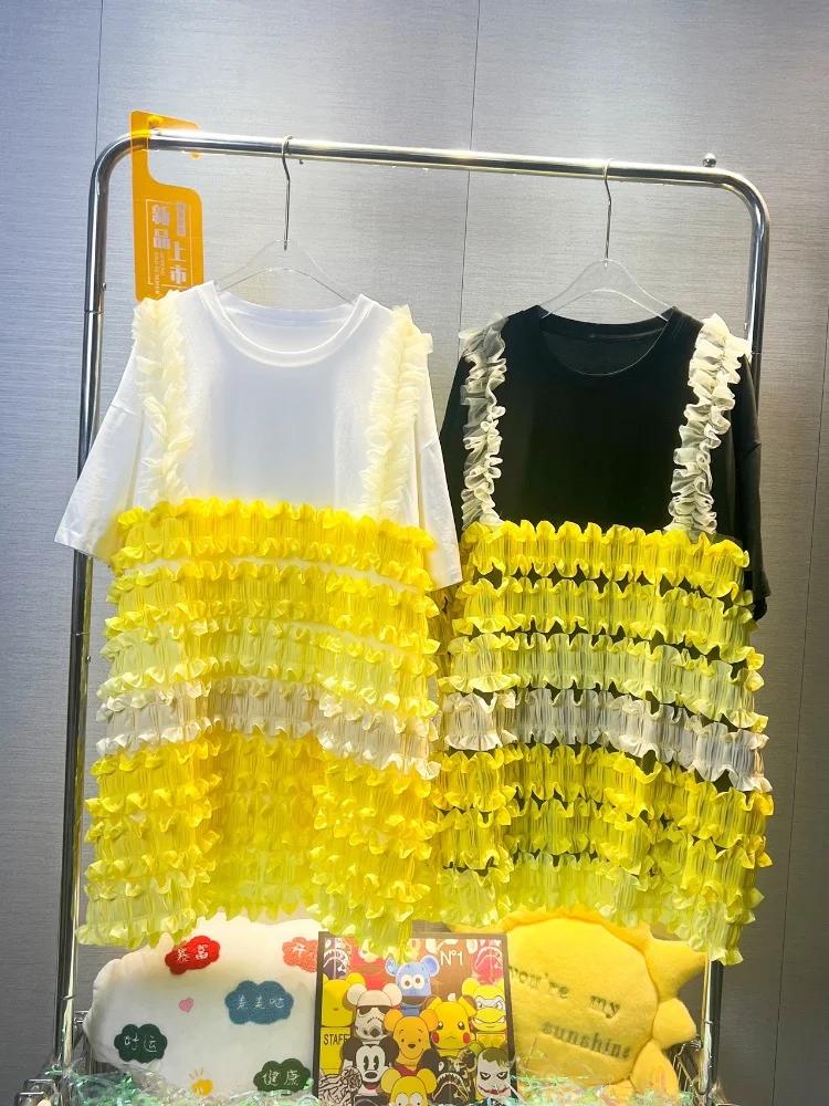 

Suspender Mesh Contrast Color Lace T-shirt Women 2023 Summer New Loose Mid-Length Round Neck Short Sleeve Dress Female Student