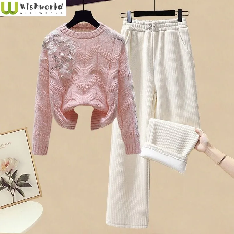 Kpop Winter New Plush Thickened Wide Leg Pants Sequin Decoration Knitted Sweater Pullover Two-piece Elegant Women\'s Pants Set