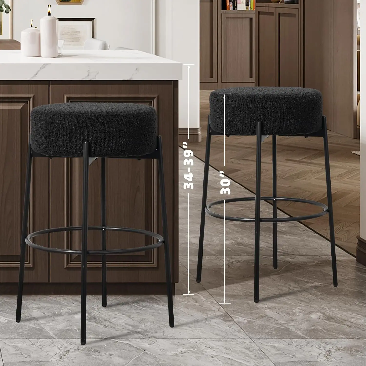 Modern Bar Stools Set of 2, 30" Sherpa Counter Height Stools with Round Soft Padded Boucle Backless Seat