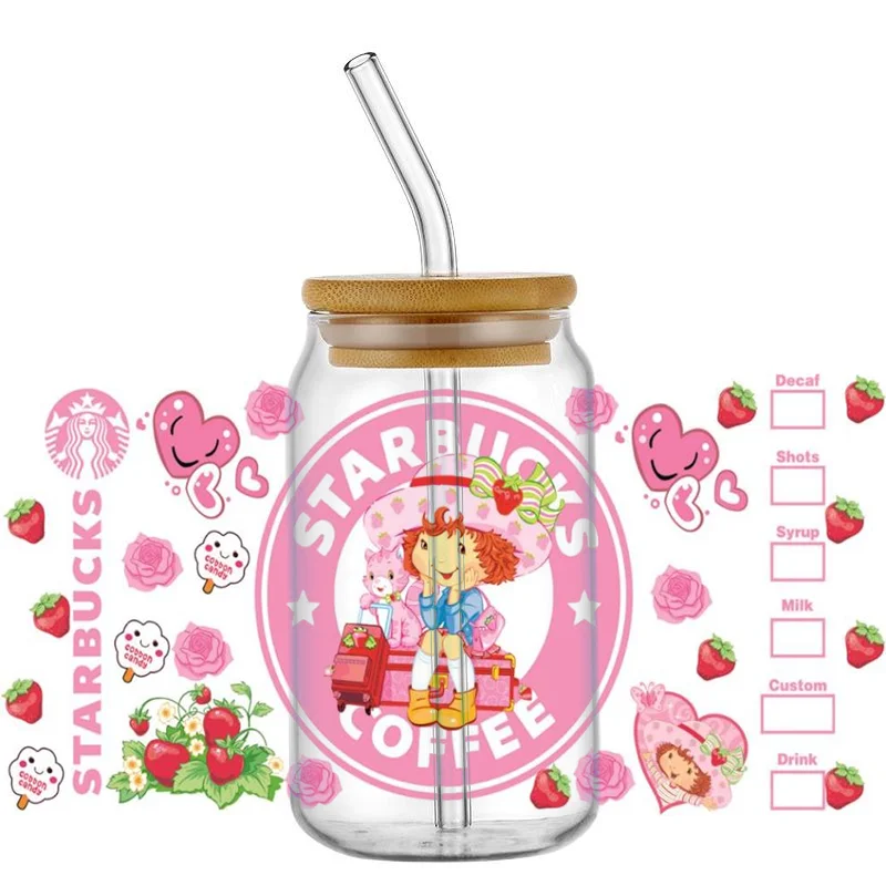 New Design strawberry Girl 3D Wrap Transfer Sticker For 16oz Libby Glass Design Cup Wraps Decal Waterproof Mug UV DTF Stickers