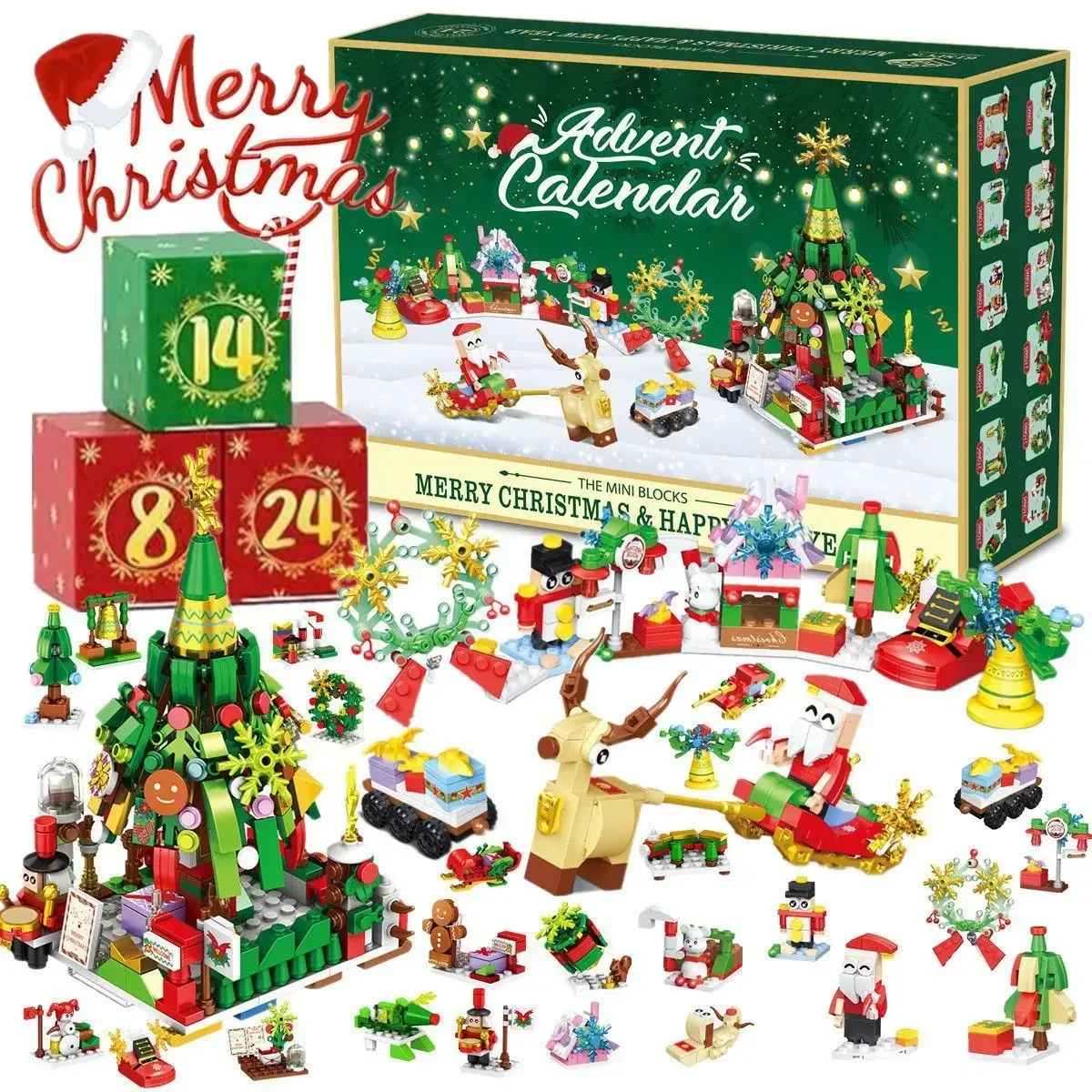 Caja de regalo de bloques de construcción de la serie navideña 2025 para niños Calendario de adviento navideño de 24 días Modelo de ladrillos de Papá Noel Cascanueces DIY