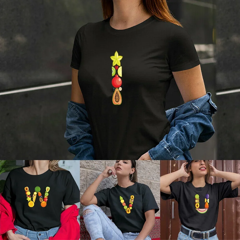 

Fruit I Letter Printing Short Sleeve T-Shirt Summer Tees Casual Round Neck Pullover T shirt for women Commuter Short Sleeve Tops