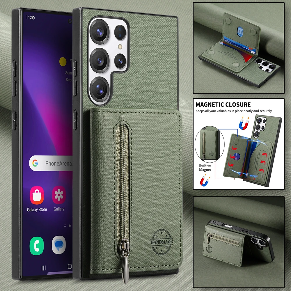 Zippered Leather Wallet Phone Case with Card Holder and Stand