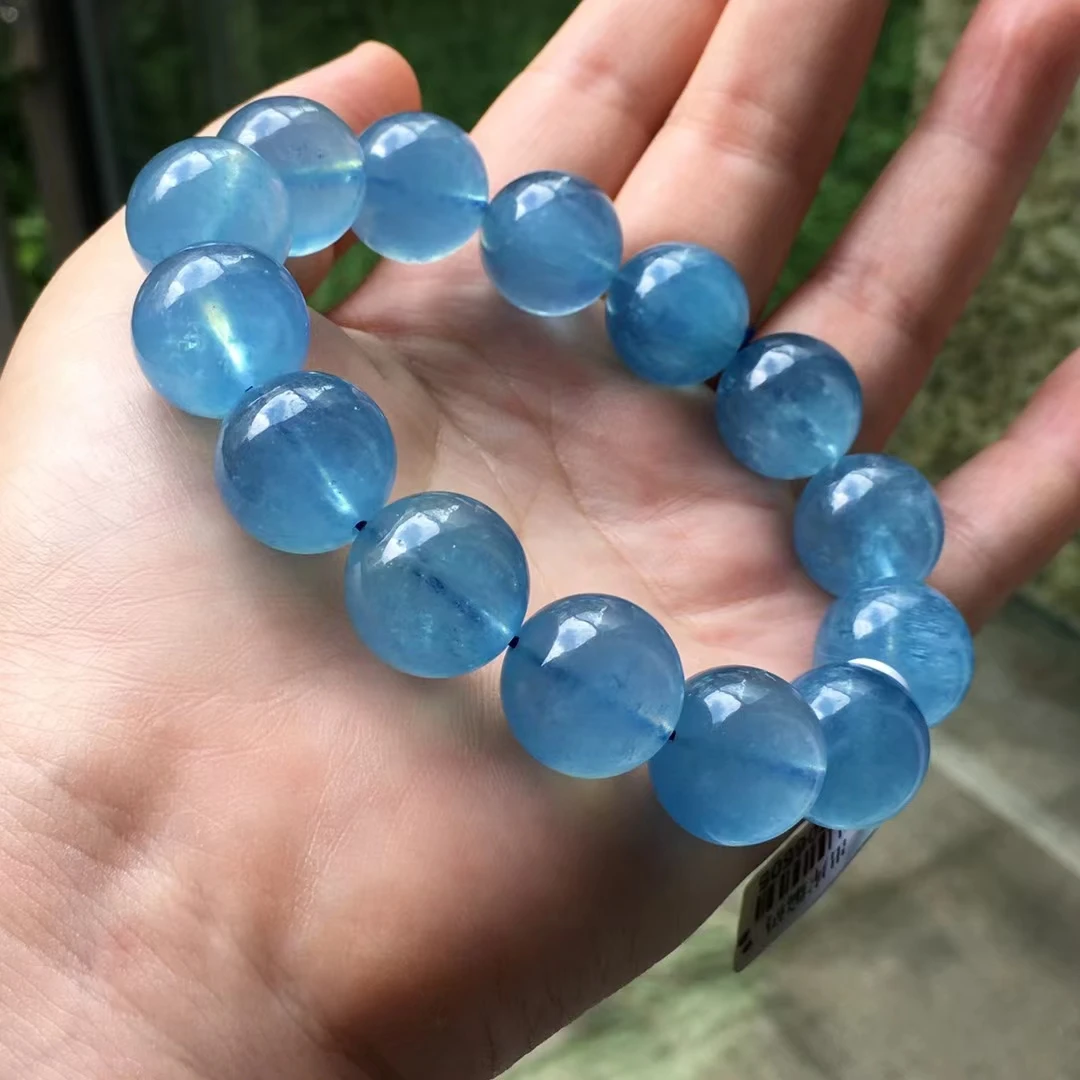 

Natural Blue Aquamarine Round Beads Bracelet 16mm Women Men Brazil Stretch Big Fashion Blue Aquamarine Jewelry AAAAA