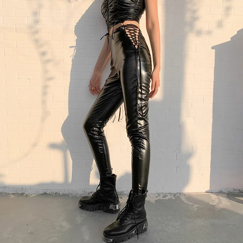 2023 Fashion Autumn and Winter Clothes Punk Sexy Streetwear Pu Leather Lace High Waist Pants Women Fashion Y2K Trousers Women