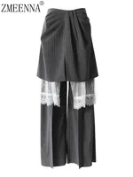 ZMEENNA Gray Stripe Patchwork Skirt Gauze Pants 2 Piece Sets For Women 2025 Spring Fashion Female New Elegant Pants ZM616 1