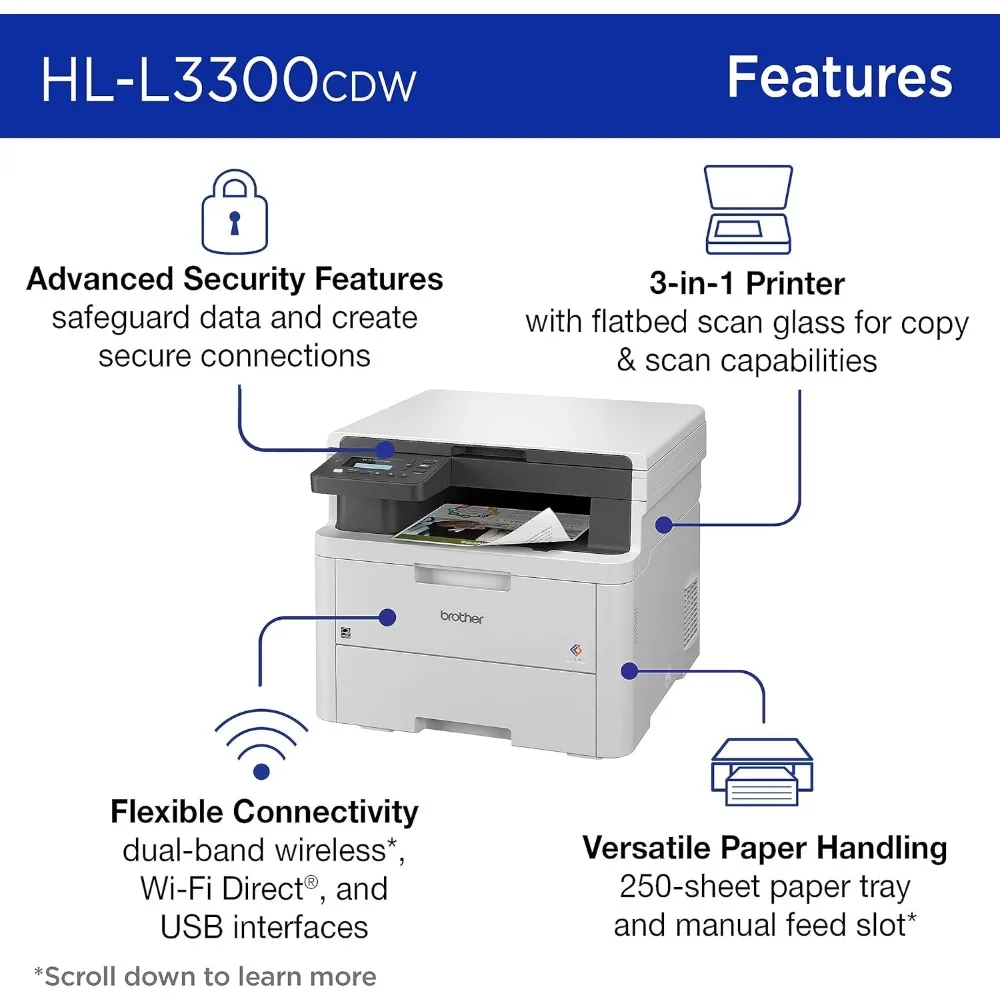 HL-L3300CDW Wireless Digital Color Multi-Function Printer with Laser Quality Output, Copy & Scan, Duplex, Mobile | Includes 3