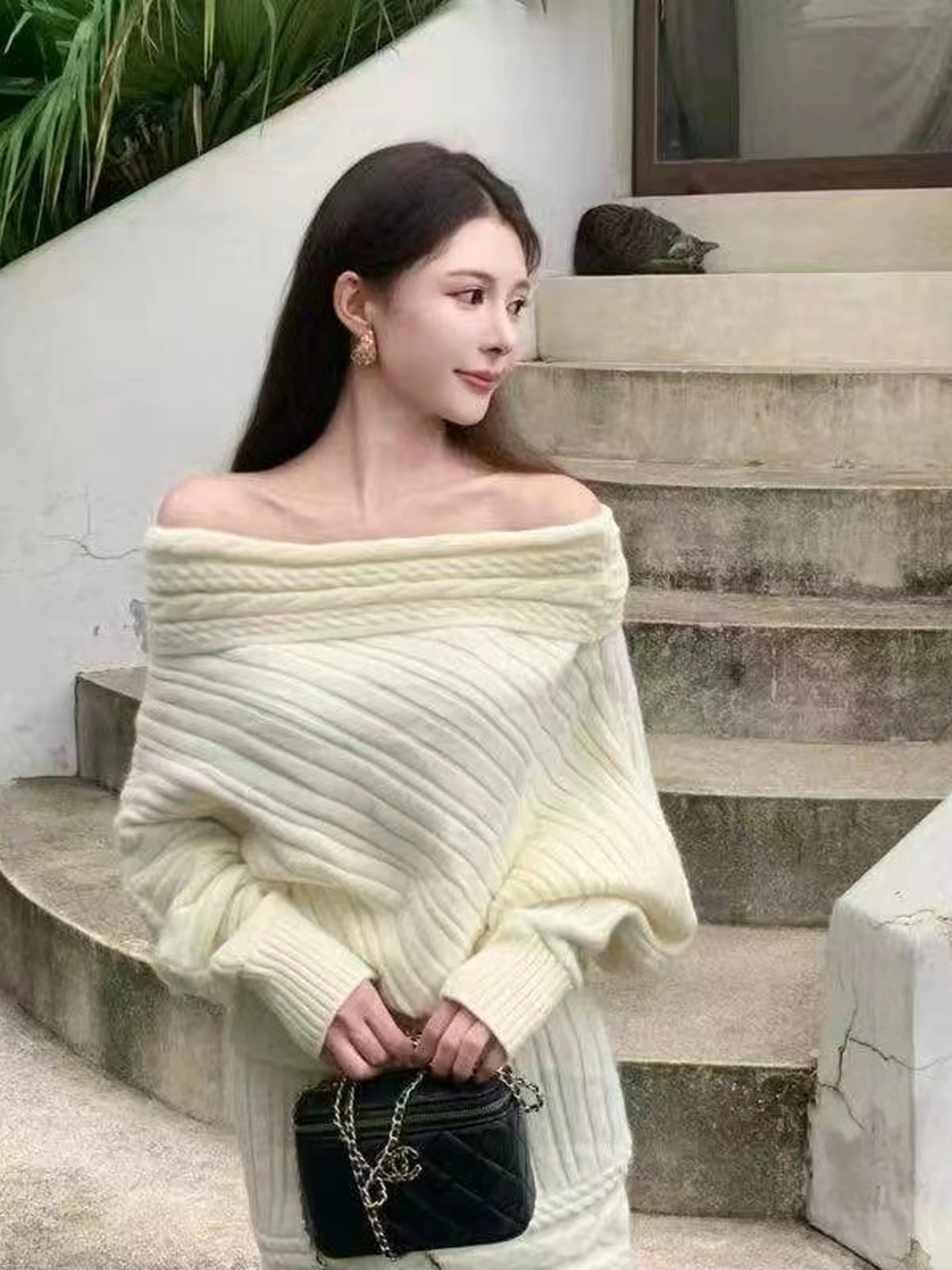 Retro Design Knitted Sweater One Shoulder Style with High Waist  Skirt Set for Women Autumn Winter New Arrival Fashion