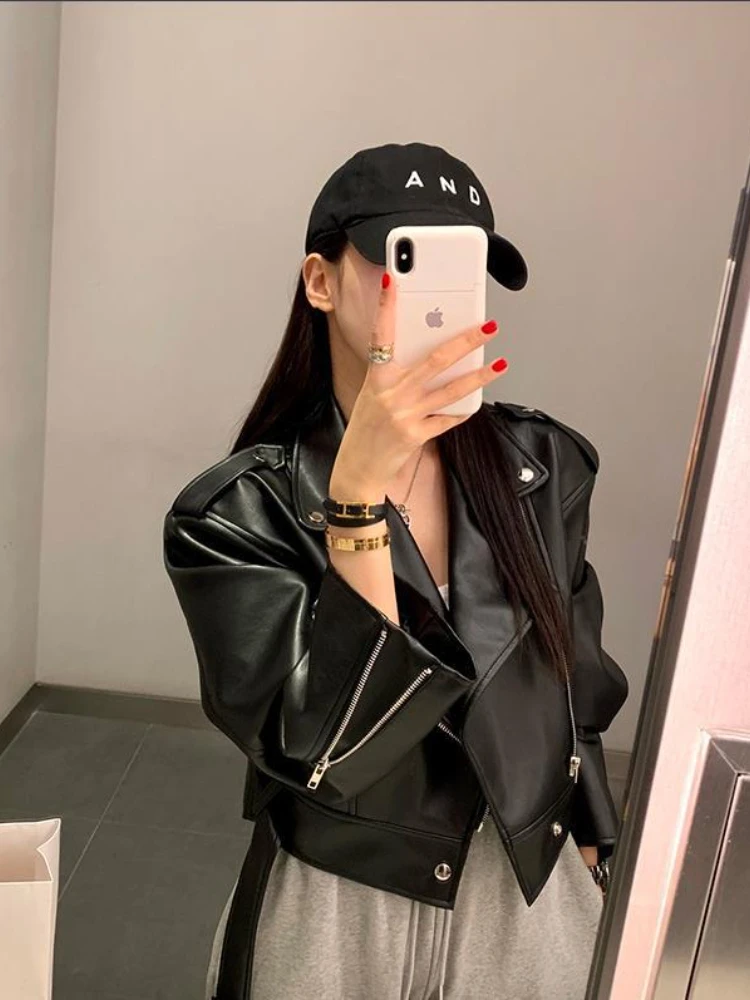 

Spot Lapel Retro Locomotive PU Leather Coat Clothes jackets for women jacket women