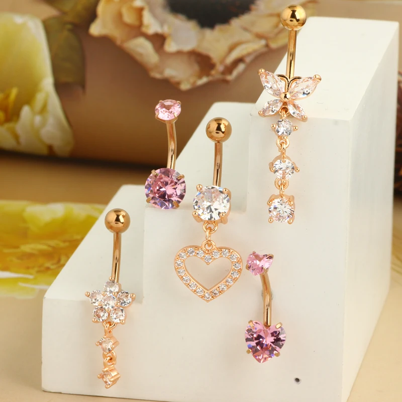 5pcs Cute Pink Belly  Button Ring 14G Navel Piercing Bulk Sexy Belly Ring Set Belly bar Lot Pircing Ombligo Jewelry Heart Silver