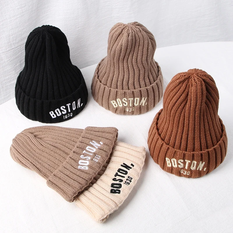 

Solid Color Letter Baby Beanie Cap Winter Warm Knit Hat for Girls Boys Vintage Embroidered BOSTON Toddler Kids Crochet Bonnet