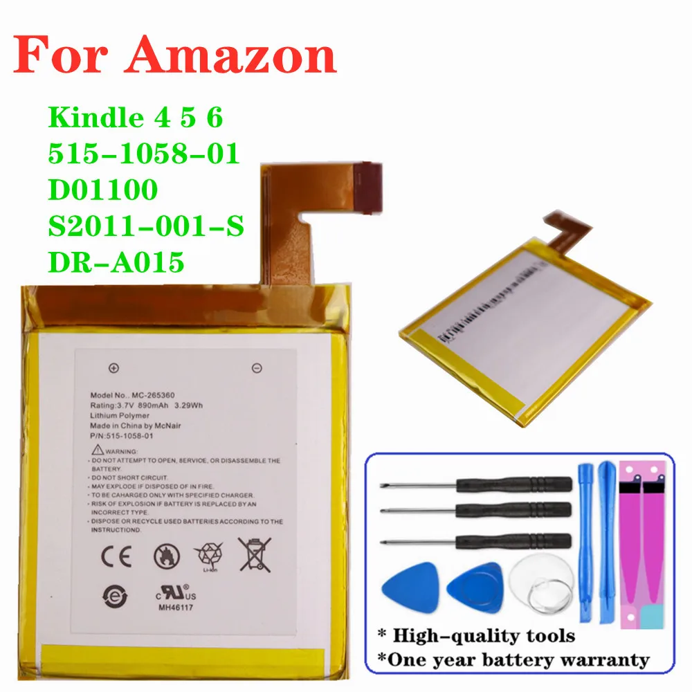 

New Original Battery For Amazon Kindle 4 5 6 D01100 515-1058-01 MC-265360 S2011-001-S DR-A015 890mAh High Quality Battery +Tools