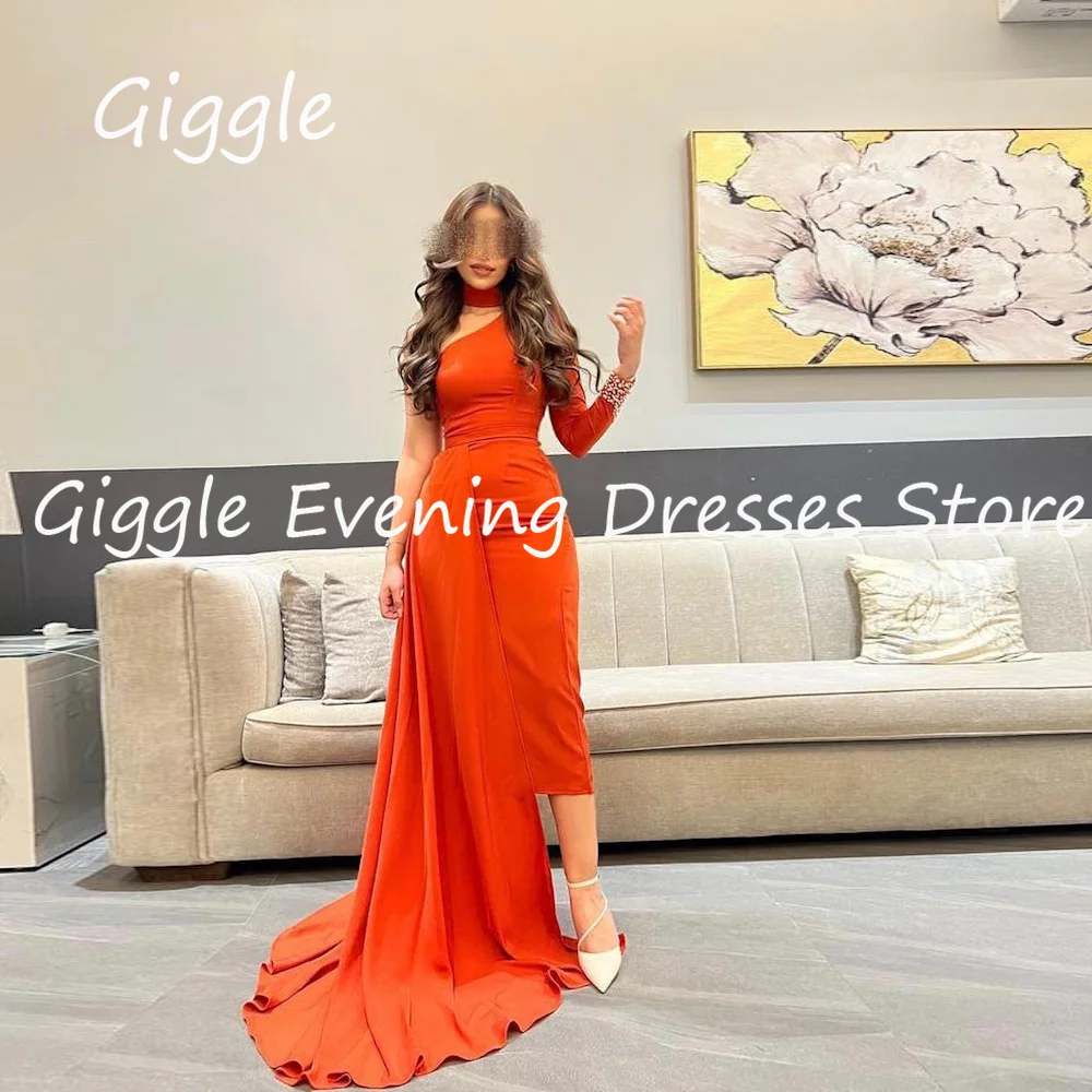 

Giggle Satin Mermaid One-shoulder Ruffle Popular Formal Elegant Prom Gown Saudi Tea Length Evening Party Dresses for Women 2023