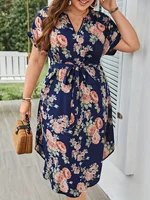 Plus Size Summer Women Elegant Dress Vacation Vintage Floral Print Casual V Neck Lace Up Dresses
