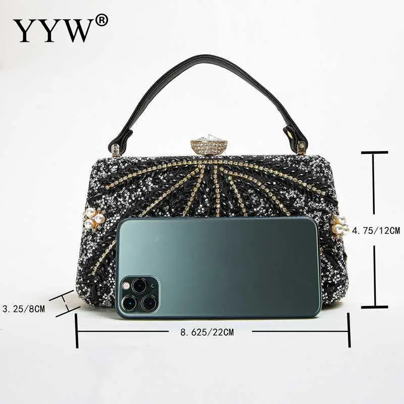 Luxury Rhinestone Beads Female Clutch Bag Soft PU Leather Grips Pearl Sequins Diamond Evening Tote Wallet Purse Crossbody Chain