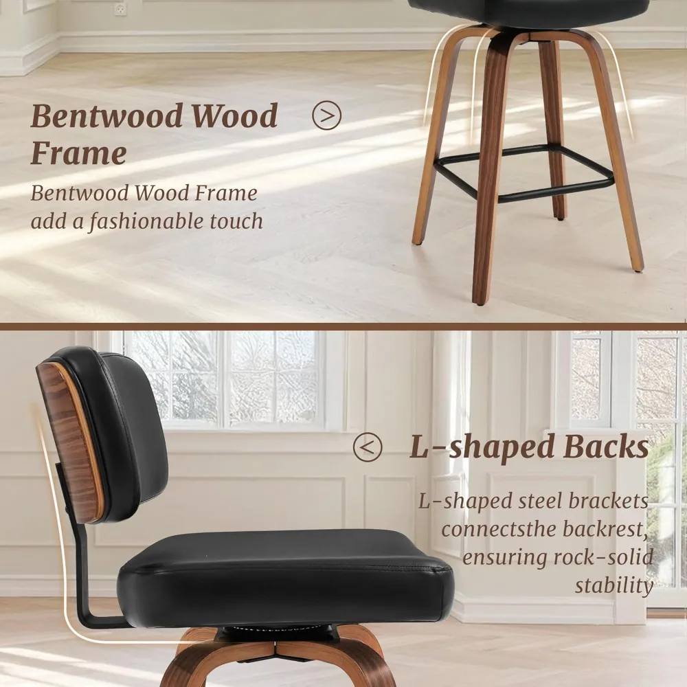 Set of 4 Swivel Counter Height Bar Stools – Mid-Century PU Leather, Walnut Legs 6