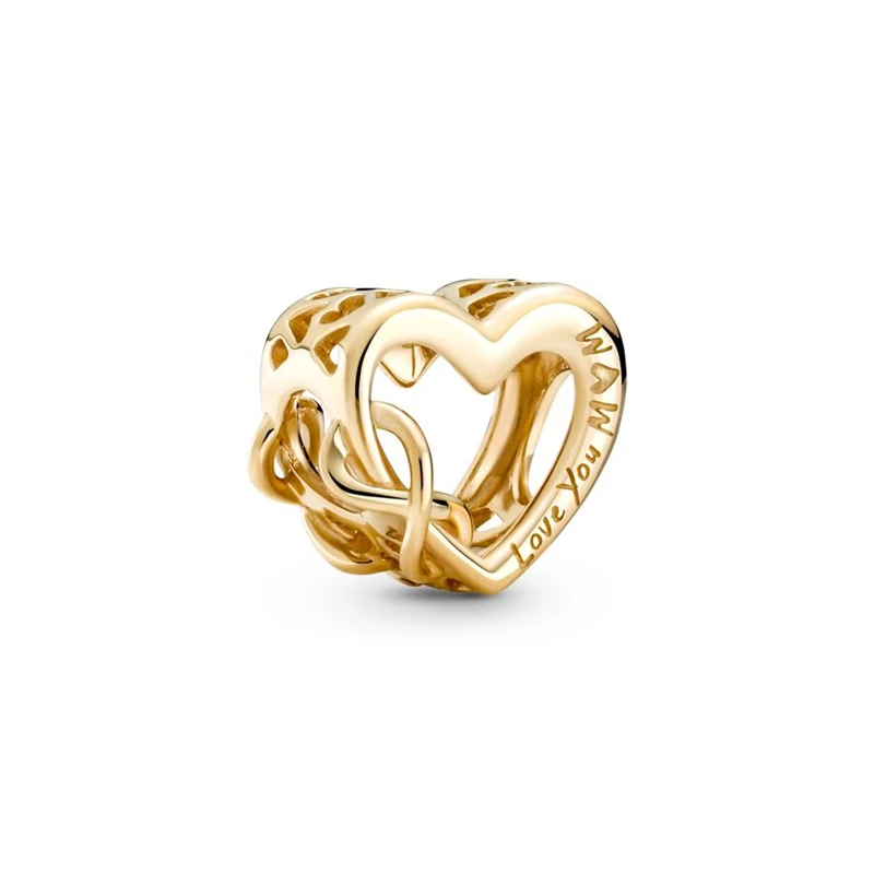 Authentic Fine Golden Pendant Eternal Heart-Shaped Charm Beads Fit Original European 925 Silver Bracelet DIY Women Jewelry Gifts 5