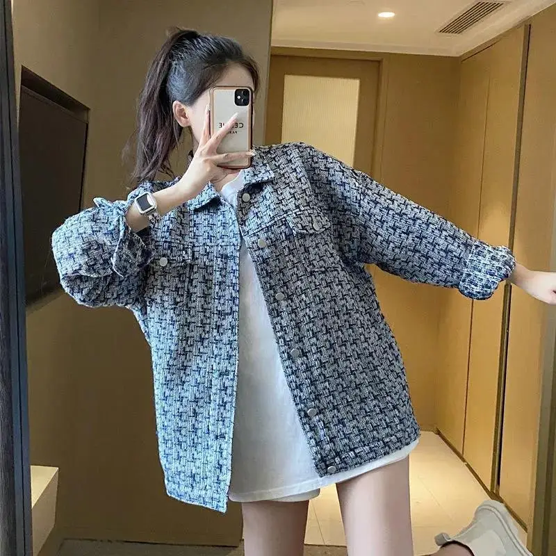 2022 Spring Autumn Jacket Women Original Design Chic High Quality Jacket New Fashion Blue Plaid Casual Coat