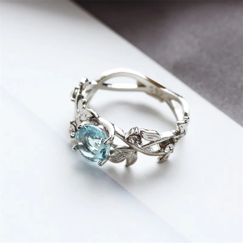 Wedding Rings 925 Silver Plated Blue Crystal Rings For Women Vintage Hollow Leaves Couple Ring