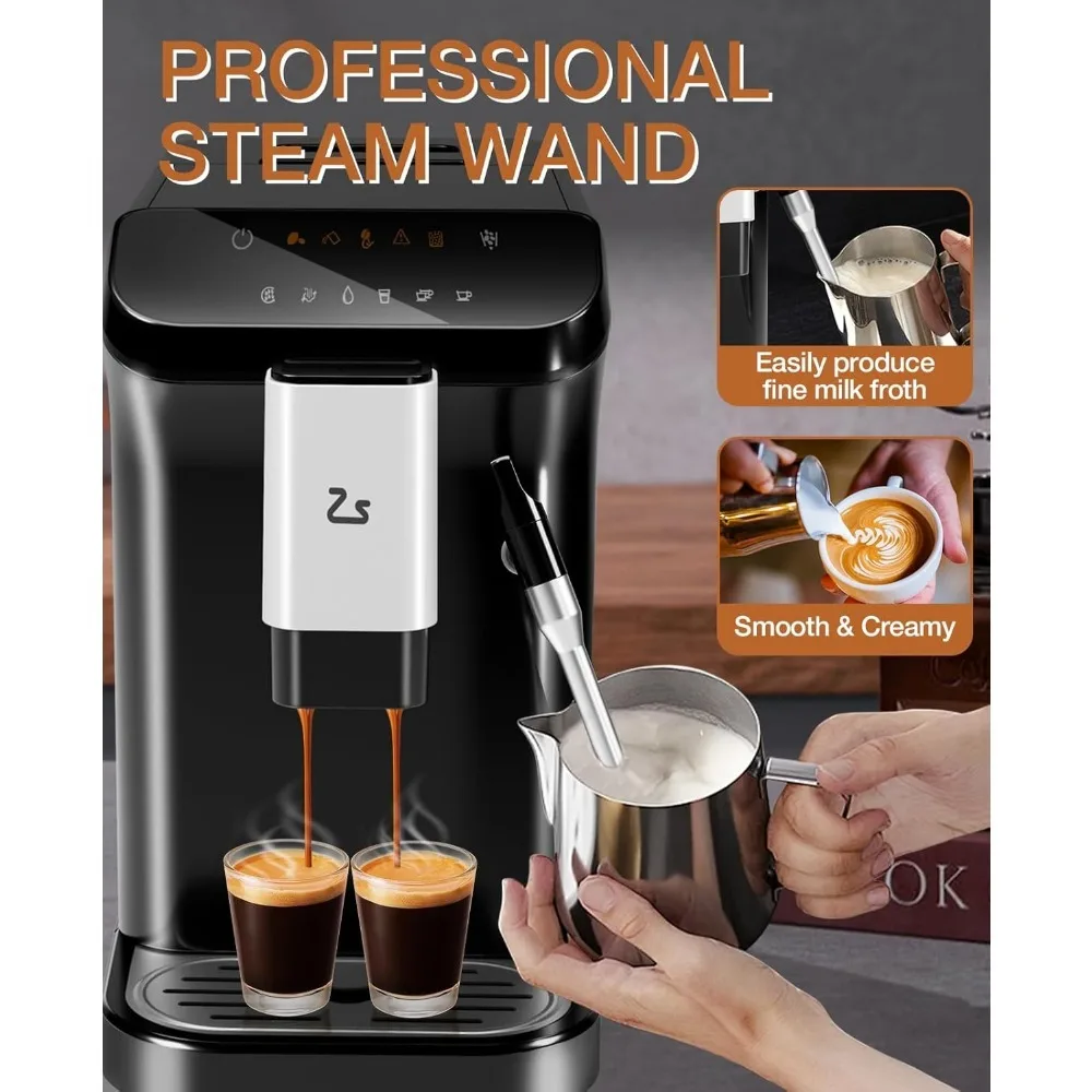 Fully Automatic Espresso Machine with Frother Steam Wand,20 Bar Built-In&Adjustable Espresso Bean Grinder,1-15 Adjustable Grind 5