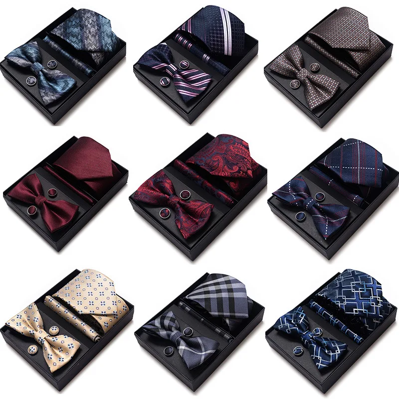 

Luxury Tie Set Gift Box For Men Necktie Bowtie Handkerchief Cufflinks Suit For Wedding Business Man Cufflink Pocket Square Gifts