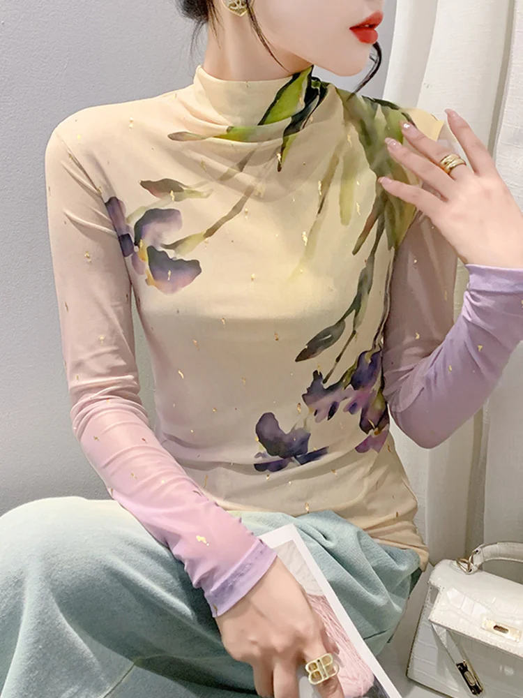 

#8857 Spring Autumn Floral Printed Mesh Turtleneck T Shirt Women Long Sleeve Vintage Tight Office Elastic Women's Tee Shirt Thin