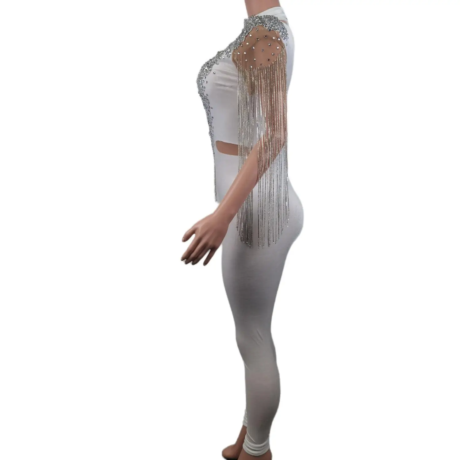 キラキラボディスーツ キラキララインストーンチェーンストレッチベルベットジャンプ